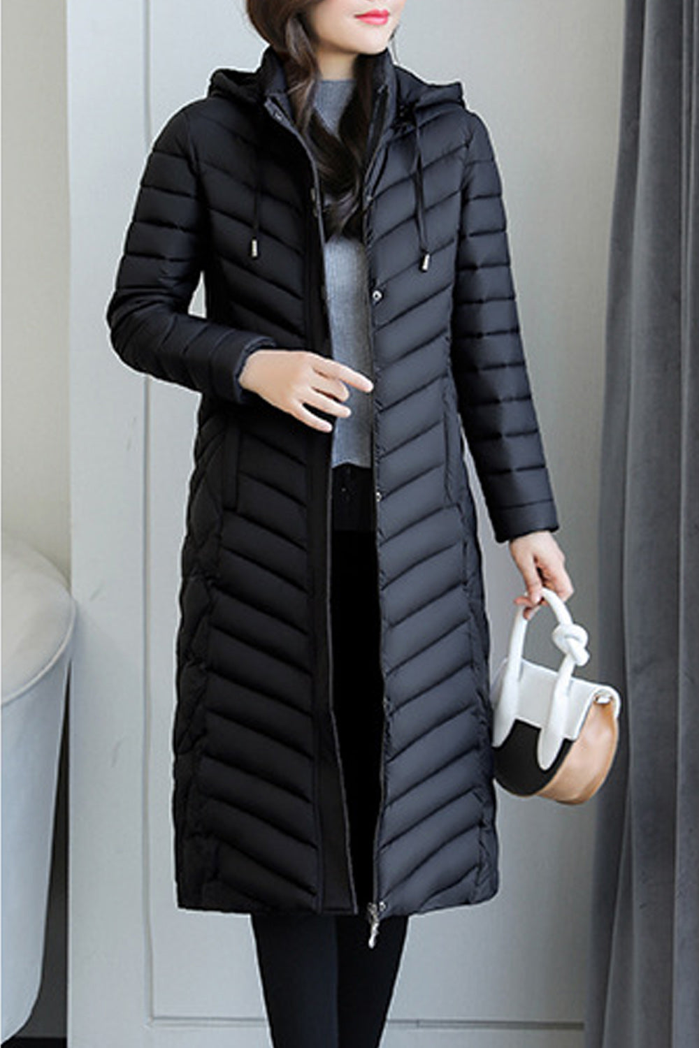 Women Mid Length Thick Casual Cotton Solid Pattern Easy Zip Up Closure Hood Neck Padded Jacket