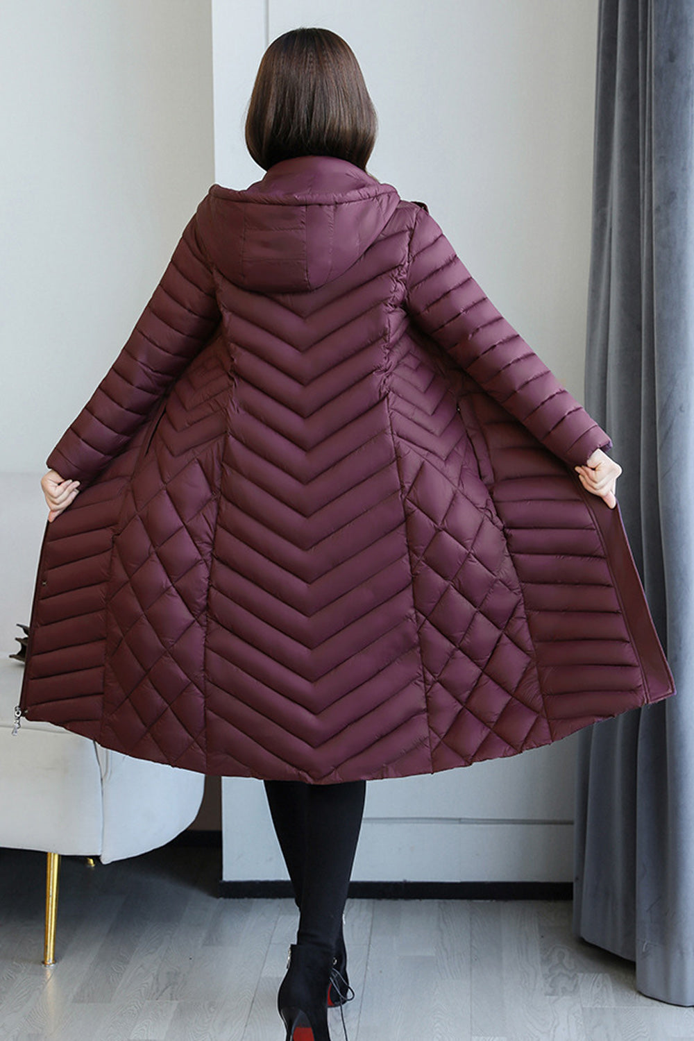 Women Mid Length Thick Casual Cotton Solid Pattern Easy Zip Up Closure Hood Neck Padded Jacket