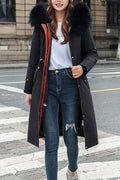 Women Lovely Solid Pattern Mid Length Thick Long Sleeve Fluffy Hood Loose Elegant Padded Jacket