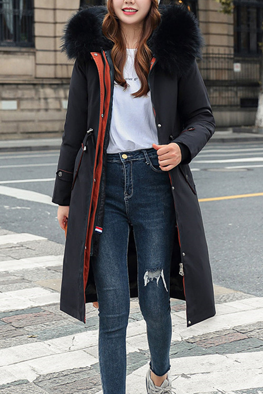 Women Lovely Solid Pattern Mid Length Thick Long Sleeve Fluffy Hood Loose Elegant Padded Jacket