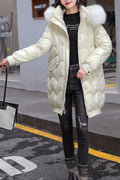 Women Mid Length Shiny Thick Fur Collar Long Sleeve Solid Pattern Zipper Padded Jacket
