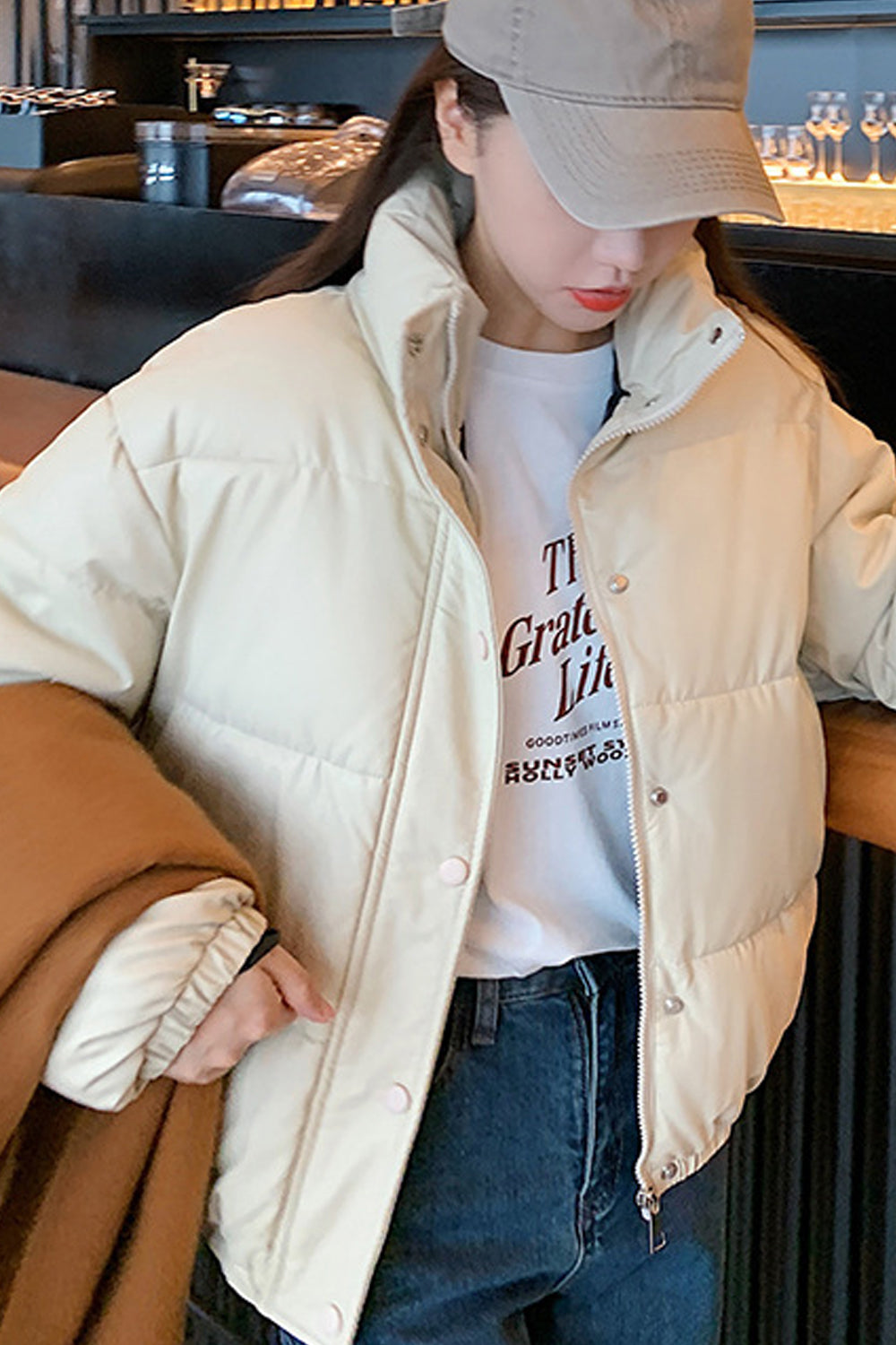 Women Perfect Stand Collar Long Sleeve Solid Colored Loose Casual Winter Padded Jacket