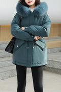 Women Modern Solid Colored Fluffy Hood Winter Season Convenient Long Sleeve Padded Jacket