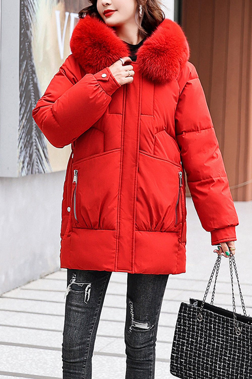 Women Elegant Warm Fluffy Hood Neck Mid Length Comfy Long Sleeve Windproof Amazing Padded Jacket