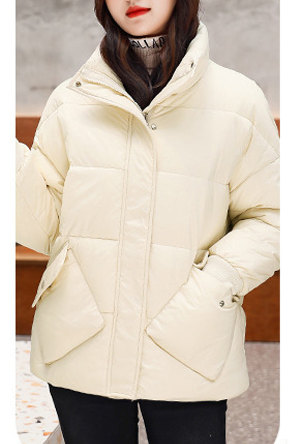 Women Classy Solid Pattern Warm Stand Up Collar Long Sleeve Tremendous Casual Snap Button Padded Jacket