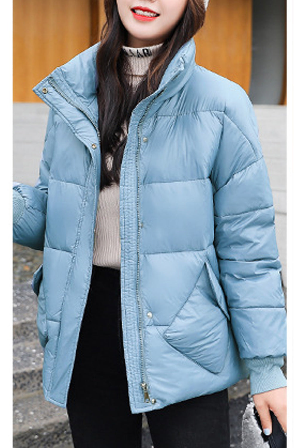 Women Classy Solid Pattern Warm Stand Up Collar Long Sleeve Tremendous Casual Snap Button Padded Jacket