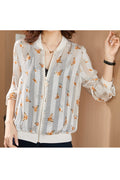 Women Trendy Printed Pattern Thin Long Sleeve V-Neck Relax Fit Zipper Closure Casual Jacket