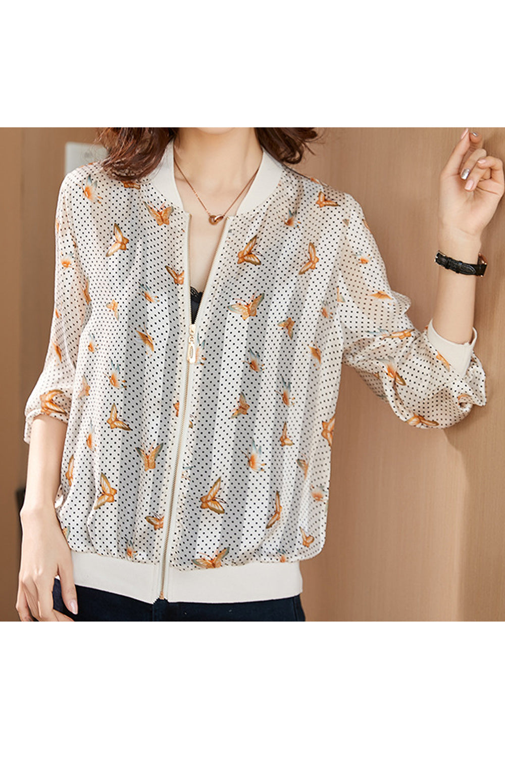 Women Trendy Printed Pattern Thin Long Sleeve V-Neck Relax Fit Zipper Closure Casual Jacket