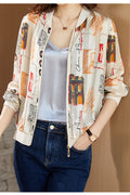 Women Stylish Printed Padded Thin Long Sleeve Zipper Closure V-Neck Summer Casual Jacket