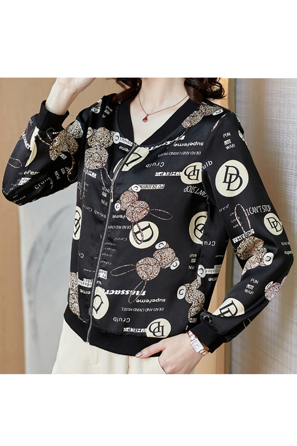 Women Ribbed Cuff Thick Padded Zipper Jacket