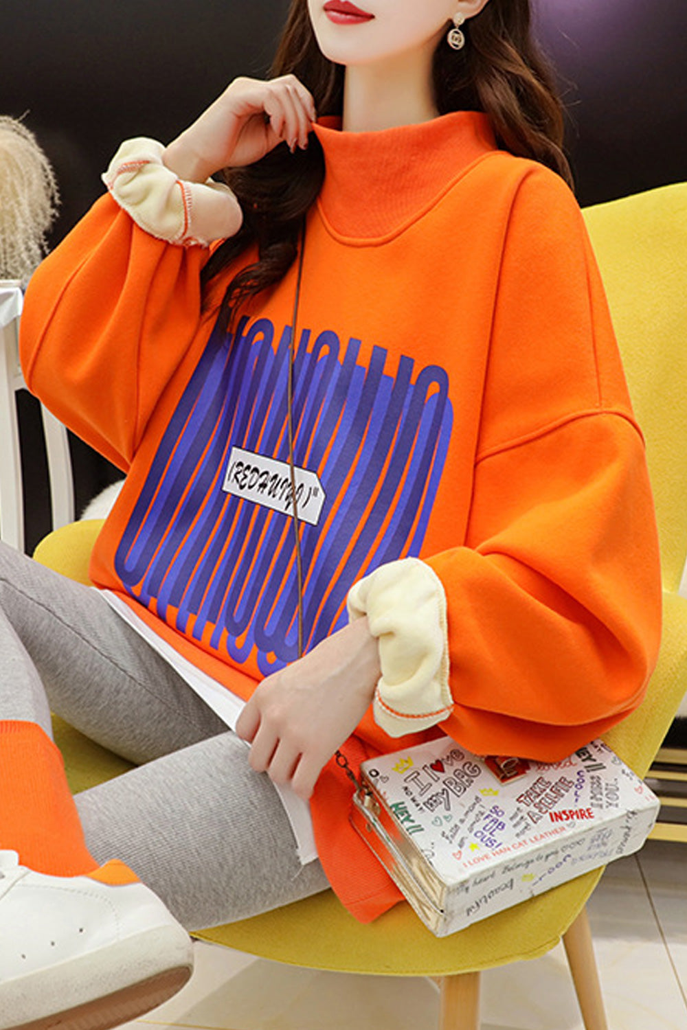 Women Pretty Loose Long Sleeve High Neck Superb Letter Pattern Sweatshirt Casual Sweatshirt