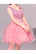 Women Cute Flower Decorated V-Neck Sleeve Trendy Thin Skirt Knee Length Breathable Superb Dress