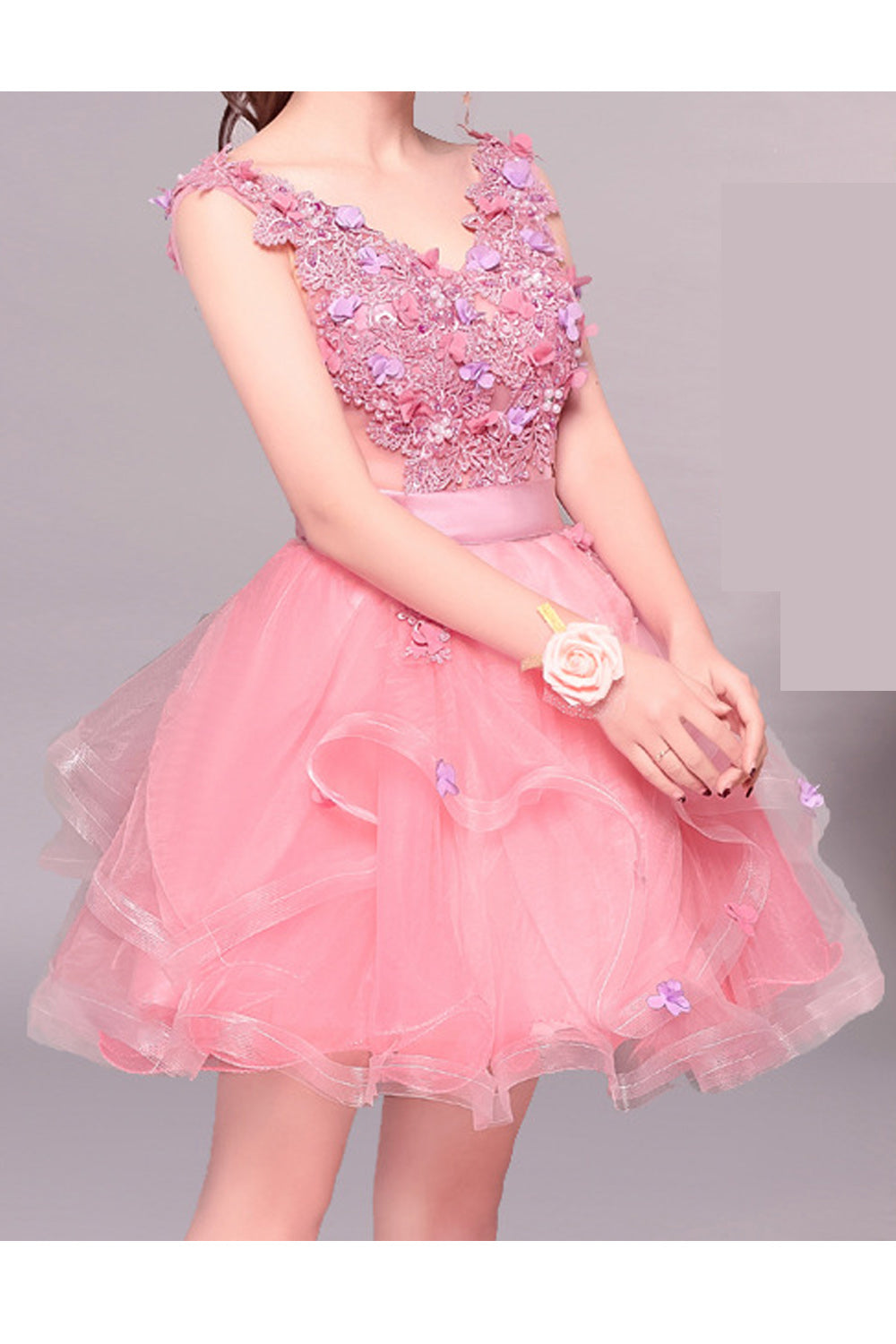 Women Cute Flower Decorated V-Neck Sleeve Trendy Thin Skirt Knee Length Breathable Superb Dress