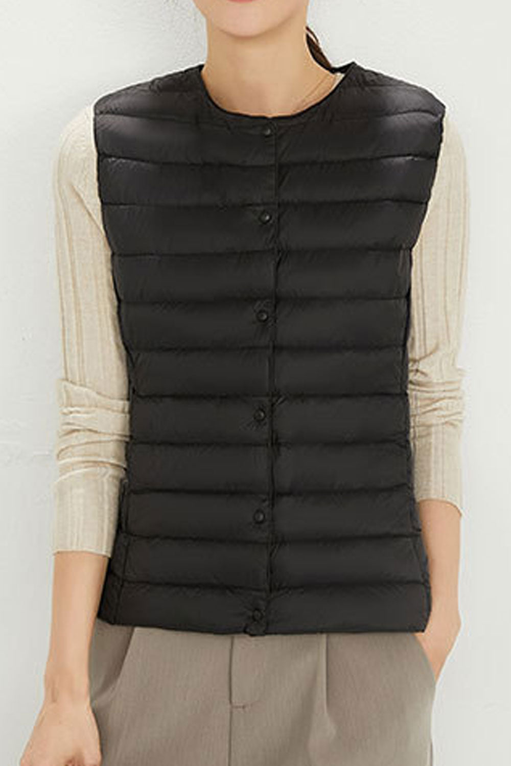 Women Lightweight Solid Colored Easy Round Neck Sleeveless Button Closure Warm Winter Padded Vest