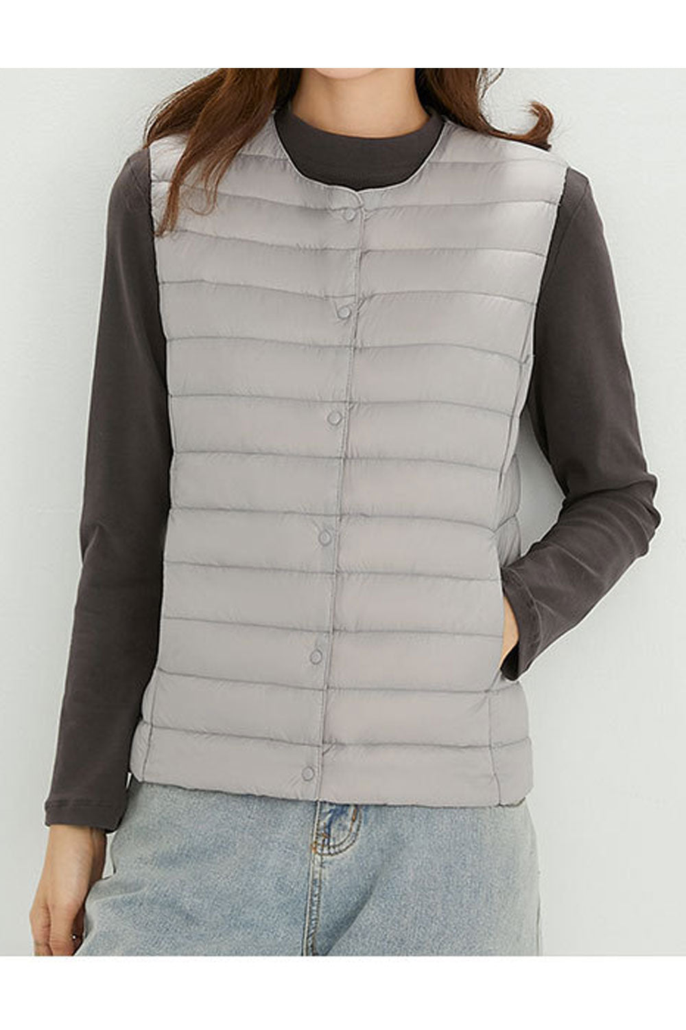 Women Lightweight Solid Colored Easy Round Neck Sleeveless Button Closure Warm Winter Padded Vest