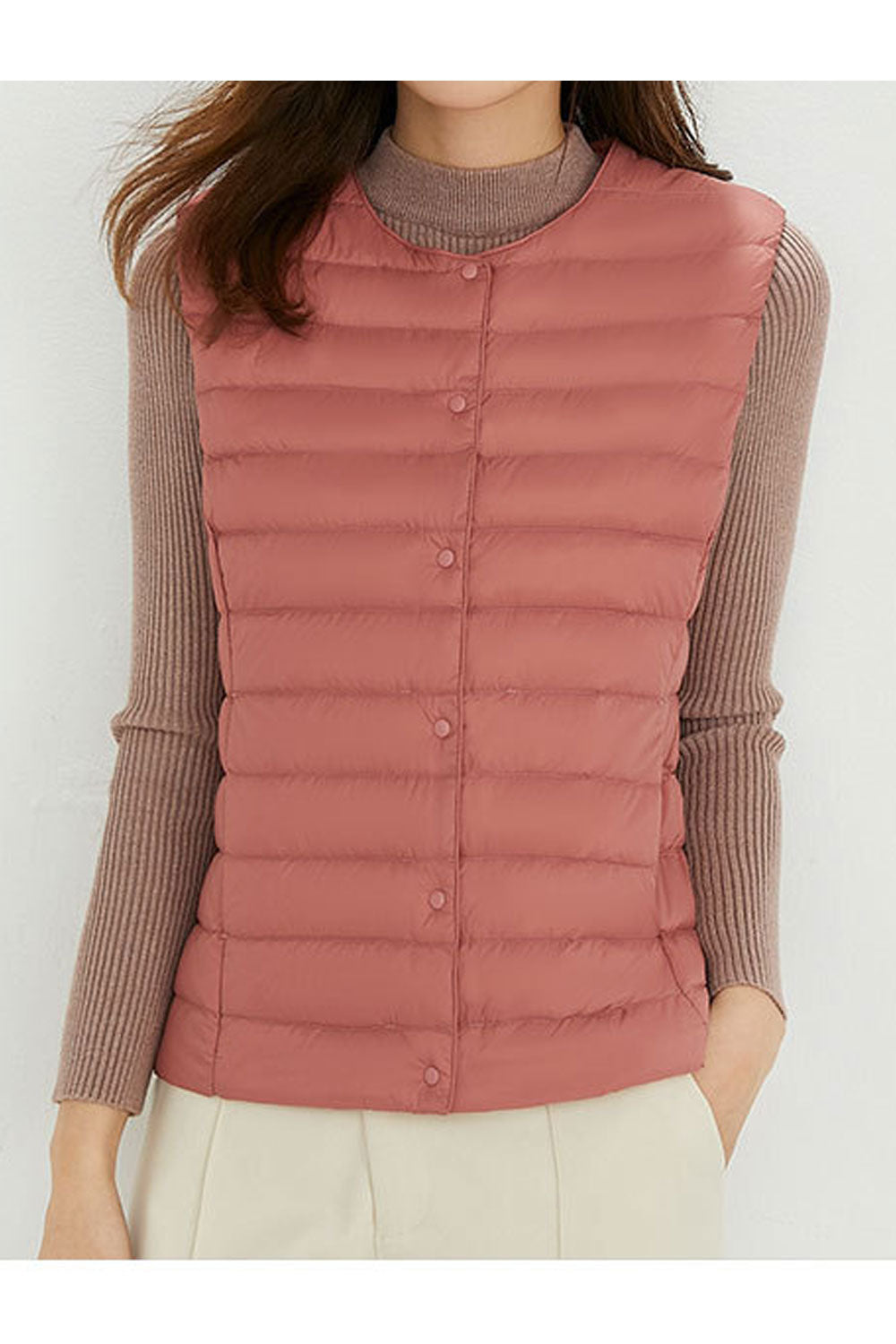 Women Lightweight Solid Colored Easy Round Neck Sleeveless Button Closure Warm Winter Padded Vest