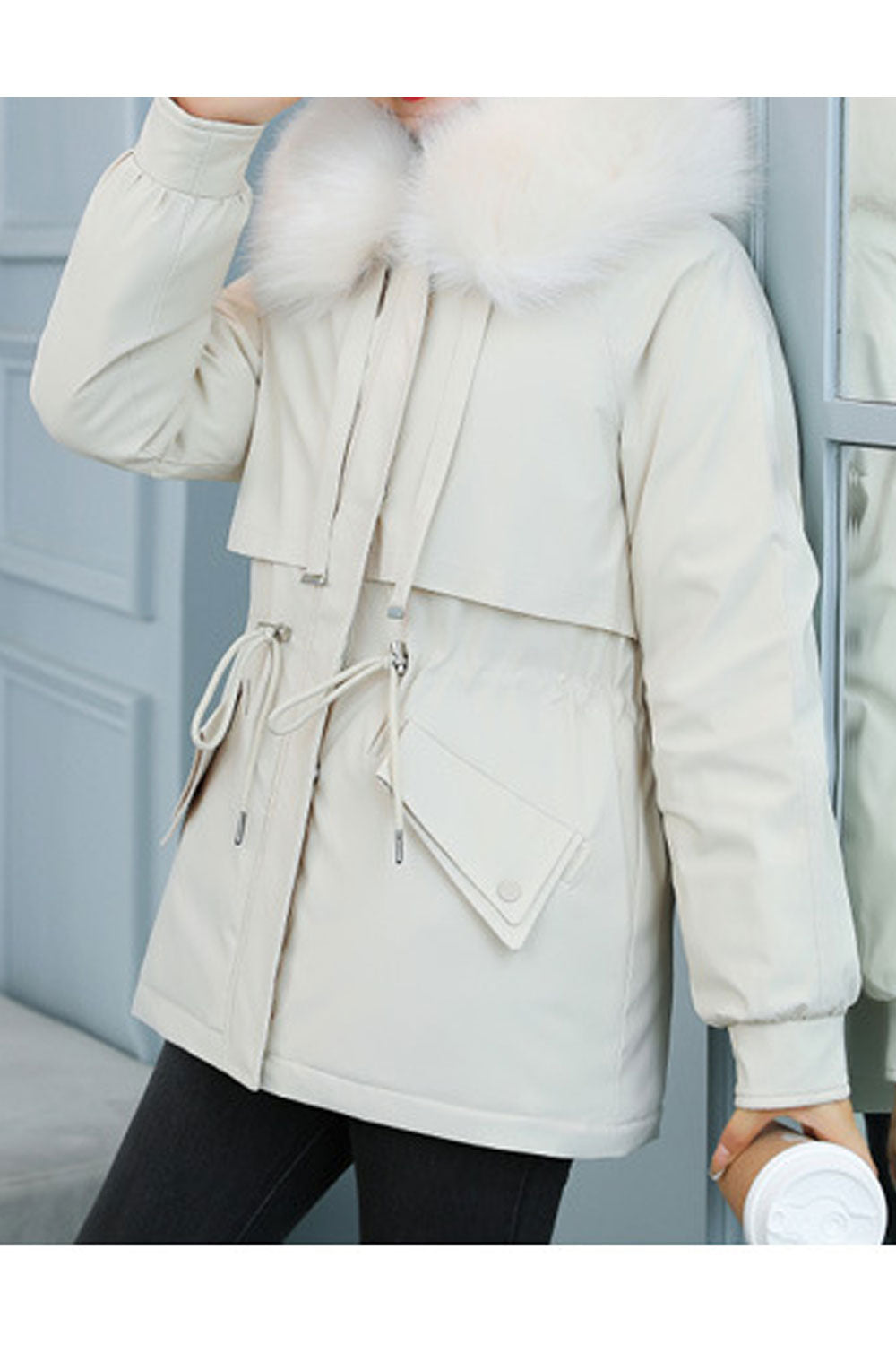 Women Elegant Thick Long Sleeve Amazing Fur Hat Neck Solid Colored Zipper Closure Casual Padded Jacket