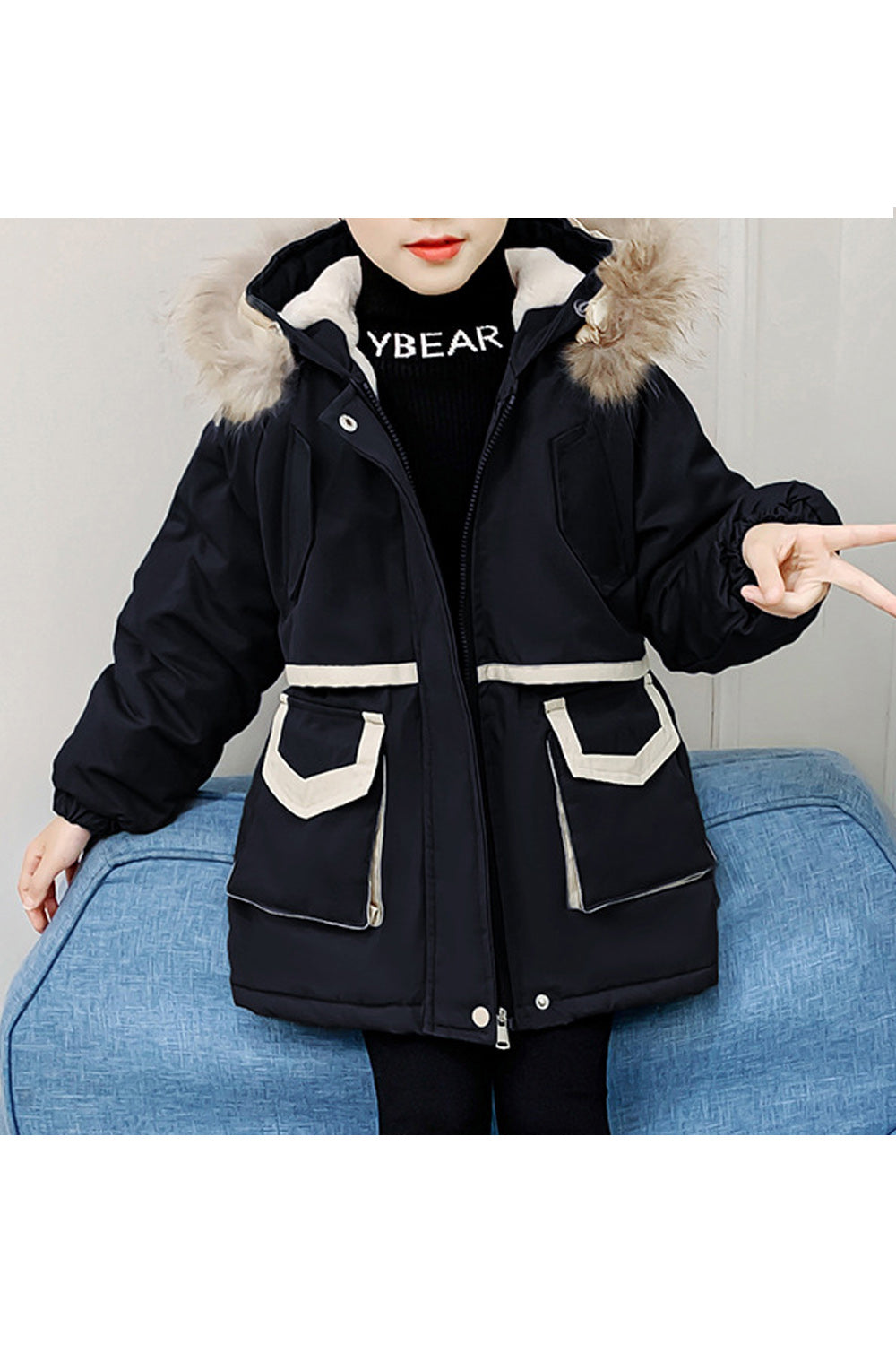 Kids Girls Cute Solid Colored Elasticated Cuff Flap Pockets Fluffy Hooded Neck Easy Zipper Closure Warm Jacket