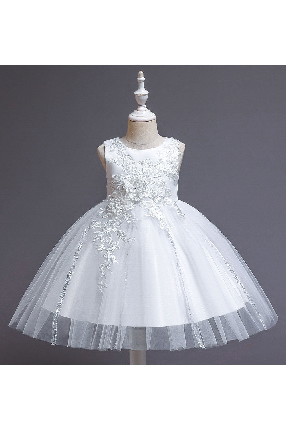 Kids Girls Elegant Sleeveless Round Neck Zipper Closure Tremendous Floral Lace Decorated Party Dress