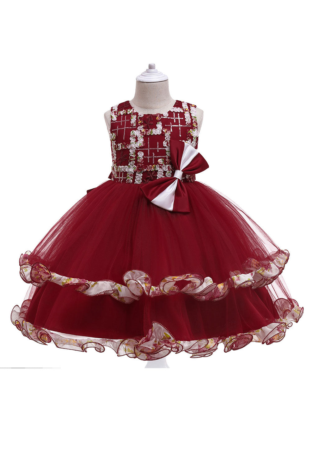 Kids Girls Fancy Floral Decorated Sleeveless Easy Round Neck Bow Attatched Solid Colored Wedding Dress