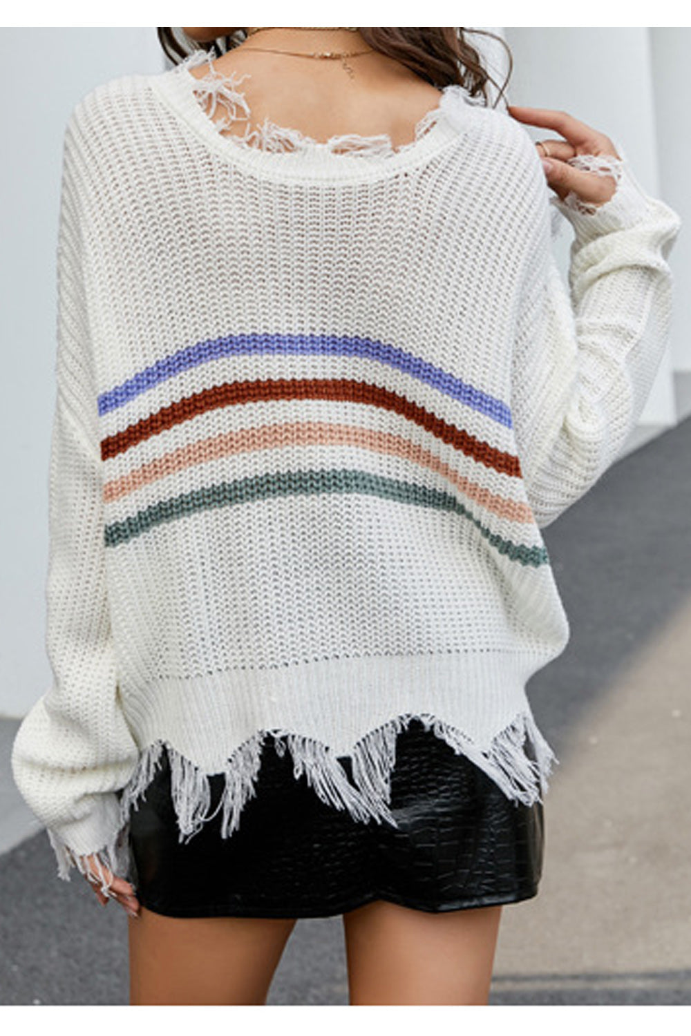 Women V-Neck Thick Long Sleeve Superb Solid Pattern Tassel Hem Loose Style Pullover Winter Sweater