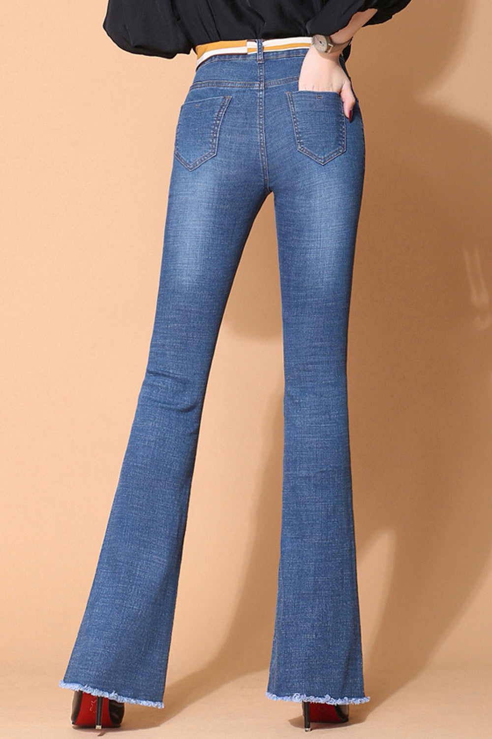 Women Stretchable Bell Bottom Tremendous Solid Colored High Waist Pockets Styled Comfy Denim Jeans