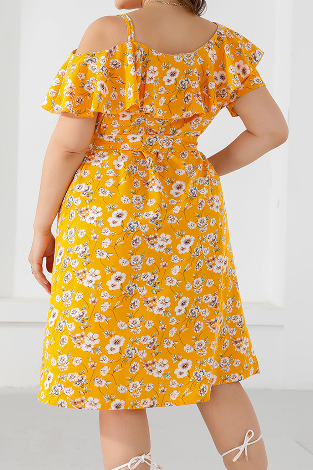 Women Plus Restful One Shoulder Straped Neck Short Sleeve Knee Length Pretty Floral Pattern Summer Dress