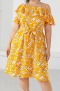 Women Plus Restful One Shoulder Straped Neck Short Sleeve Knee Length Pretty Floral Pattern Summer Dress