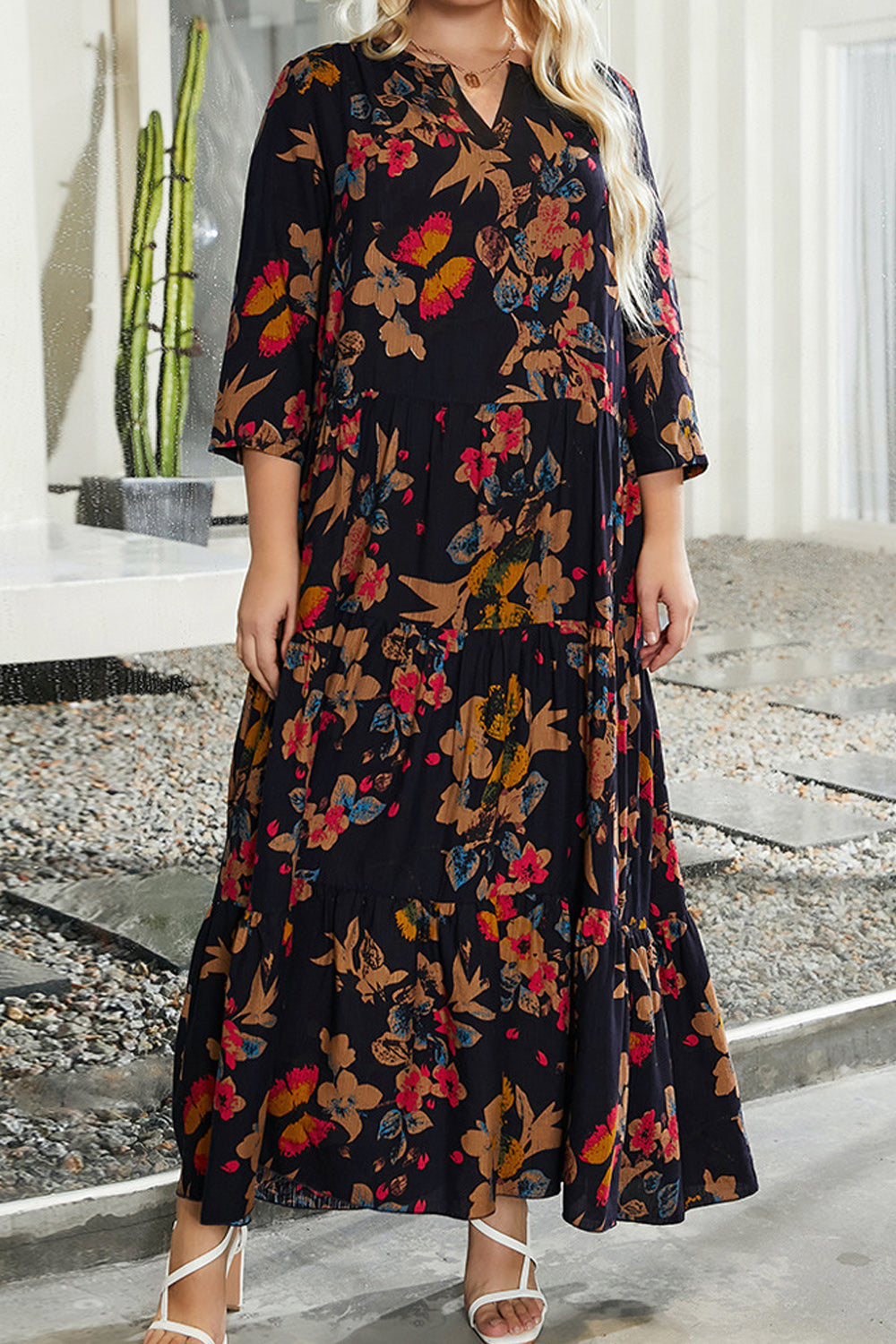 Women Plus Comfortable V-Neck Magnificent Floral Pattern Half Sleeve Long Length Lovely Casual Dress
