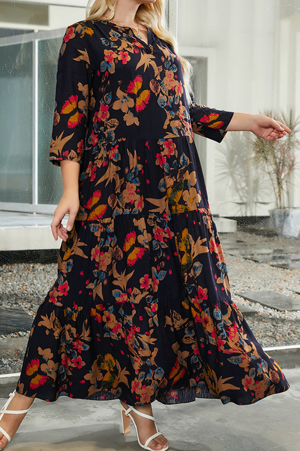 Women Plus Comfortable V-Neck Magnificent Floral Pattern Half Sleeve Long Length Lovely Casual Dress