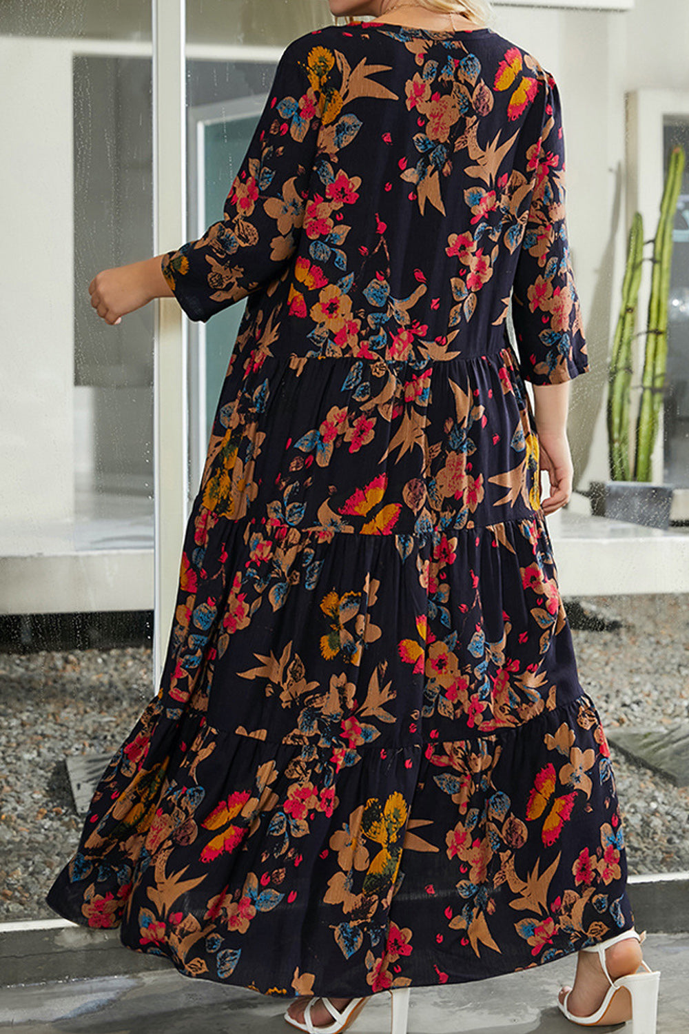 Women Plus Comfortable V-Neck Magnificent Floral Pattern Half Sleeve Long Length Lovely Casual Dress