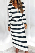 Women Long Sleeve V-Neck Lovely Striped Pattern Long Length Relax Fit Pockets Styled Winter Dress