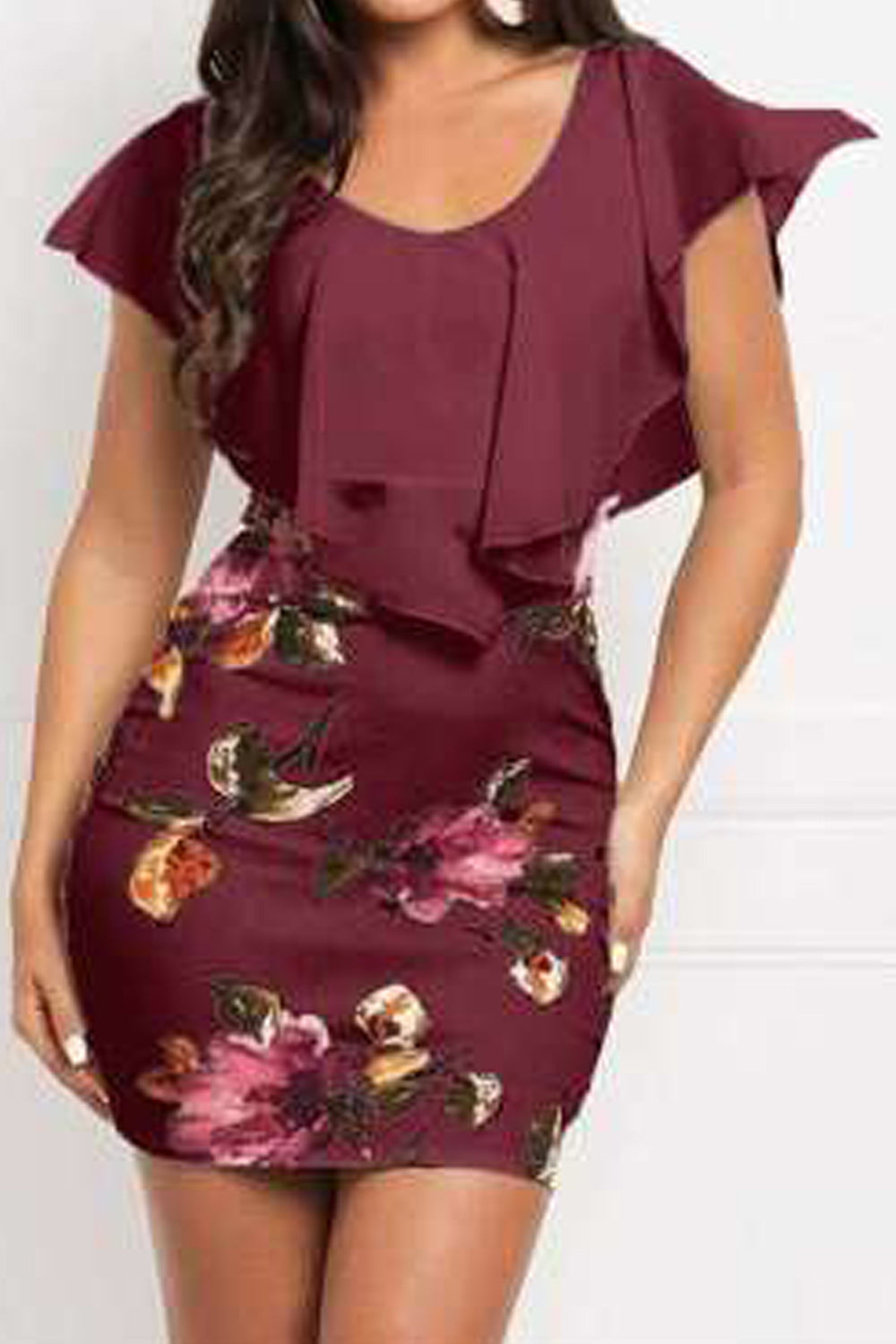 Women Easy Round Neck Trendy Floral Pattern Short Sleeve Slim Fit Above Knee Party Dress