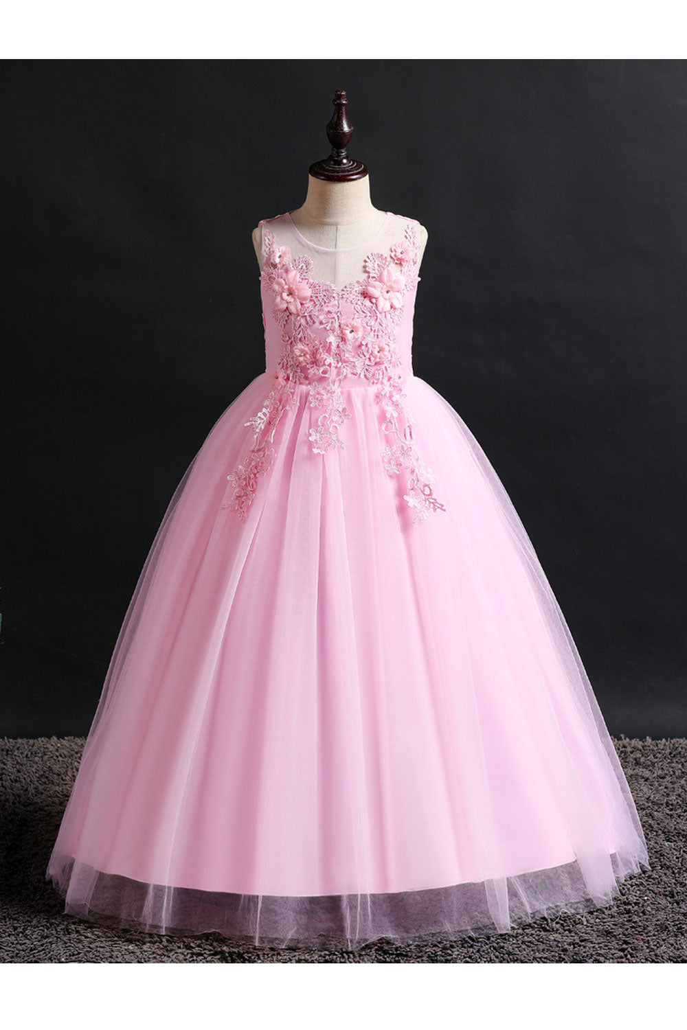 Kids Girls Flower Decorated Long Thin Skirt Beautiful Outing Birthday Party Dress