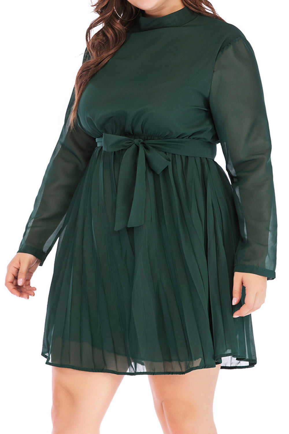 Women Plus Long Sleeve Thin Magnificent Solid Pattern Stand Collar Pleated Skirt Chiffon Dress