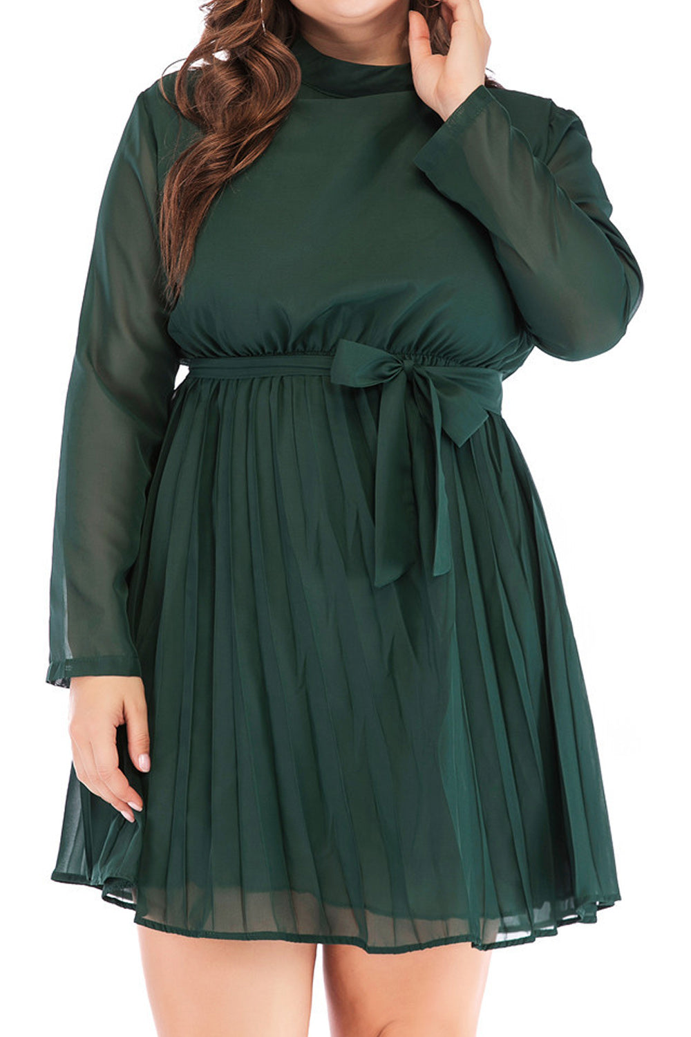 Women Plus Long Sleeve Thin Magnificent Solid Pattern Stand Collar Pleated Skirt Chiffon Dress