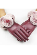 Women Solid Colored Touch Screen Winter Wind Breaker Fluffy Wrist Cozy PU Leather Gloves