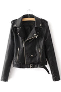 Women Zipper Style Long Sleeve Collar Neck Solid Colored PU Leather Trendy Jacket