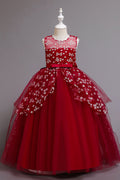Kids Girls Elegent Floral Pattern Round Neck Sleeveless Styled Fluffy Hem Comfortable Party Dress