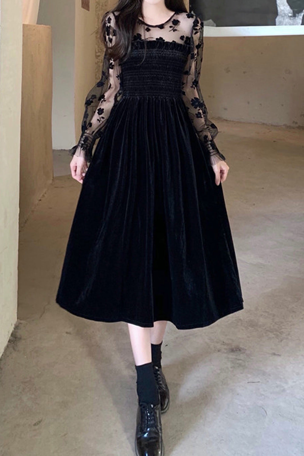 Women Comfortable Easy Round Neck Thin Long Sleeve Elasticated Slim Waist Delightful Solid Colored Mid Length Party Dress