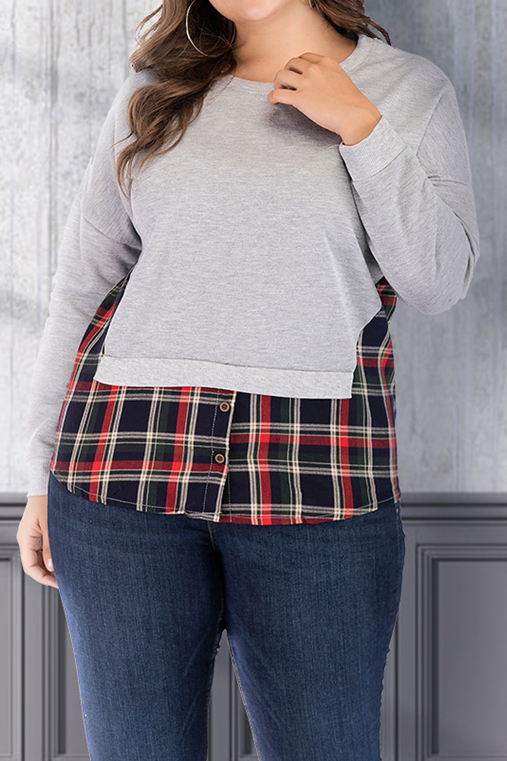 Women Decent Plaid Pattern Thick Ribbed Cuff Easy Round Neck Comfortable Casual Sweater