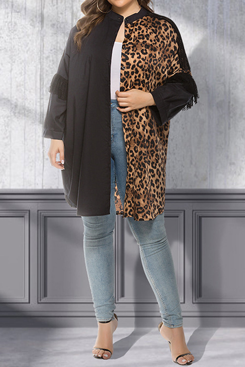 Women Loose Long Sleeve Greatful Leopard Pattern Stand Up Collar Mid Length Alluring Button Closure Shirt