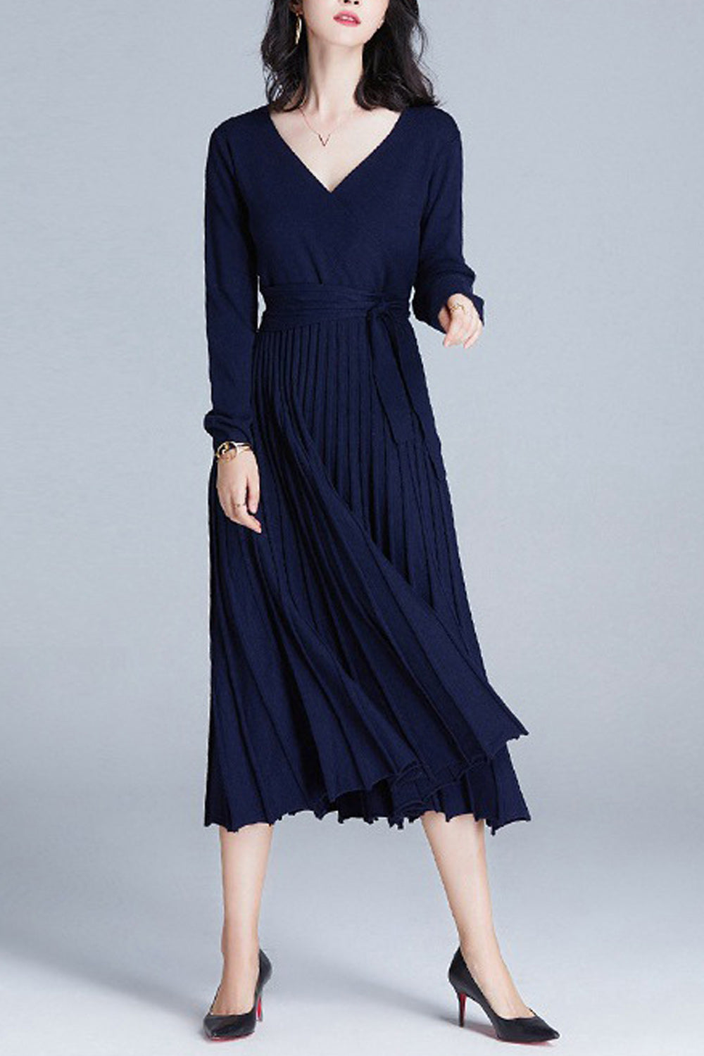 Women Solid Color Long Sleeve Lace Dress