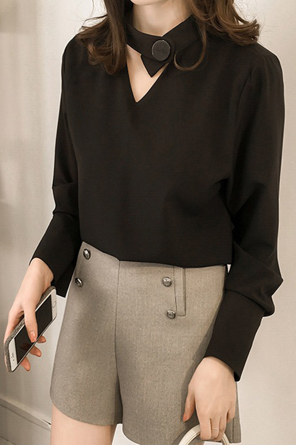 Women Solid Colored Trendy V-Neck Restful Long Sleeve Soft & Thin Superb Summer Casual Shirt