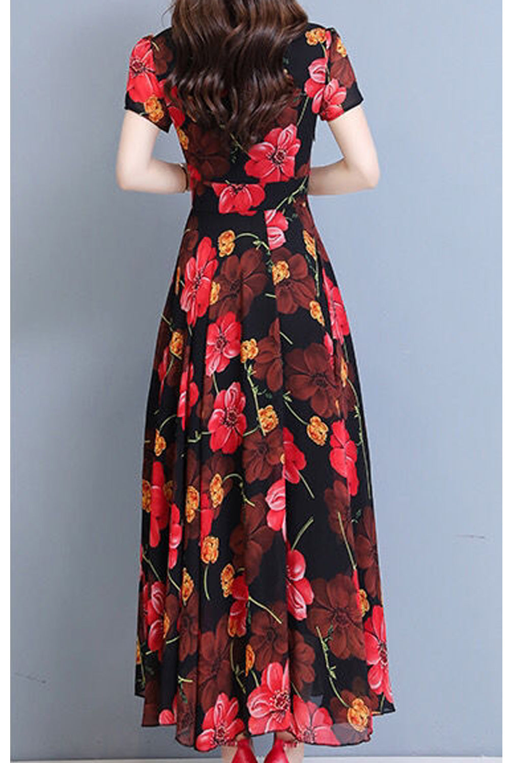 Women Lovely Long Length Short Sleeve Chiffon Round Neck Summer Printed Pattern Wonderful Dress