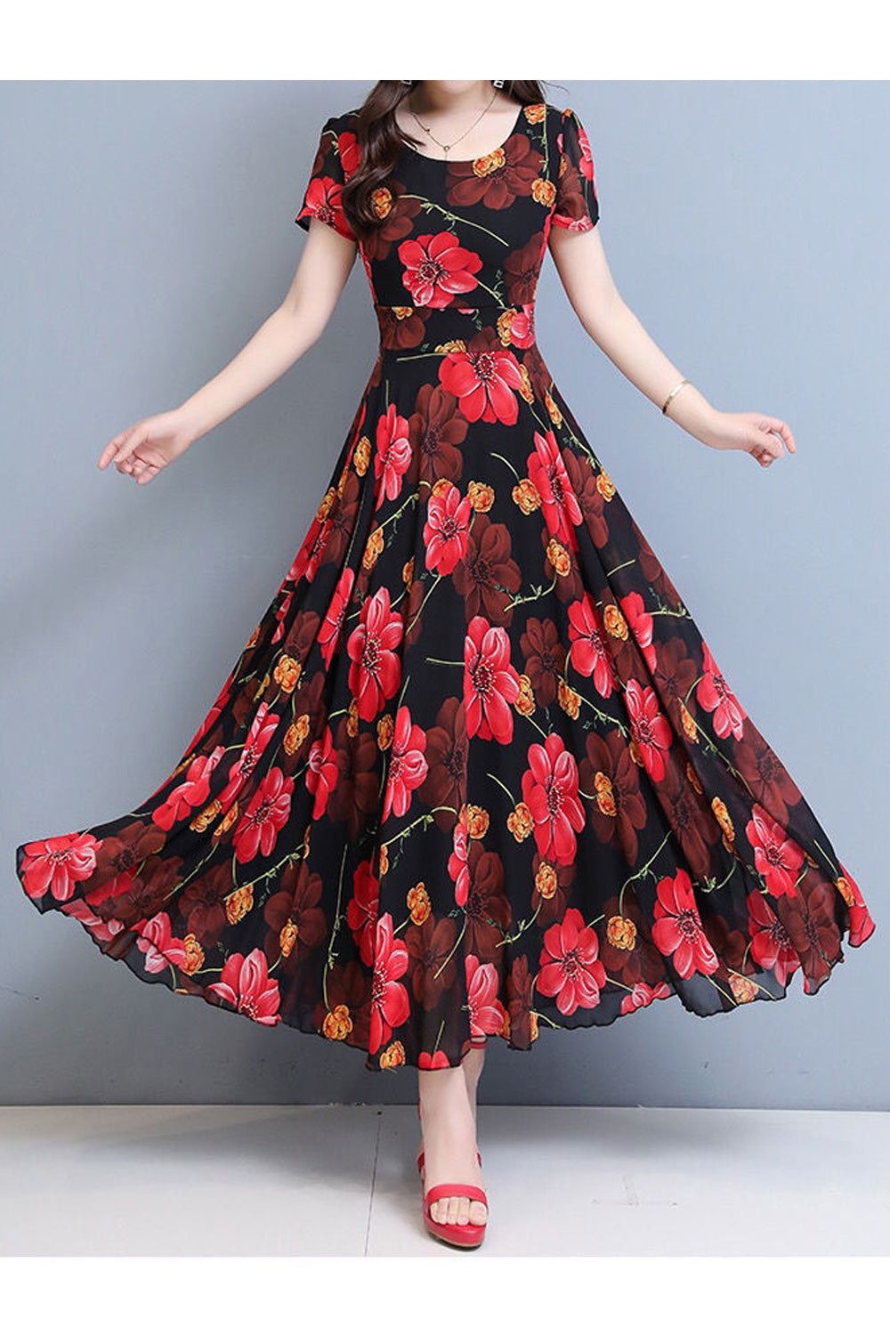 Women Lovely Long Length Short Sleeve Chiffon Round Neck Summer Printed Pattern Wonderful Dress