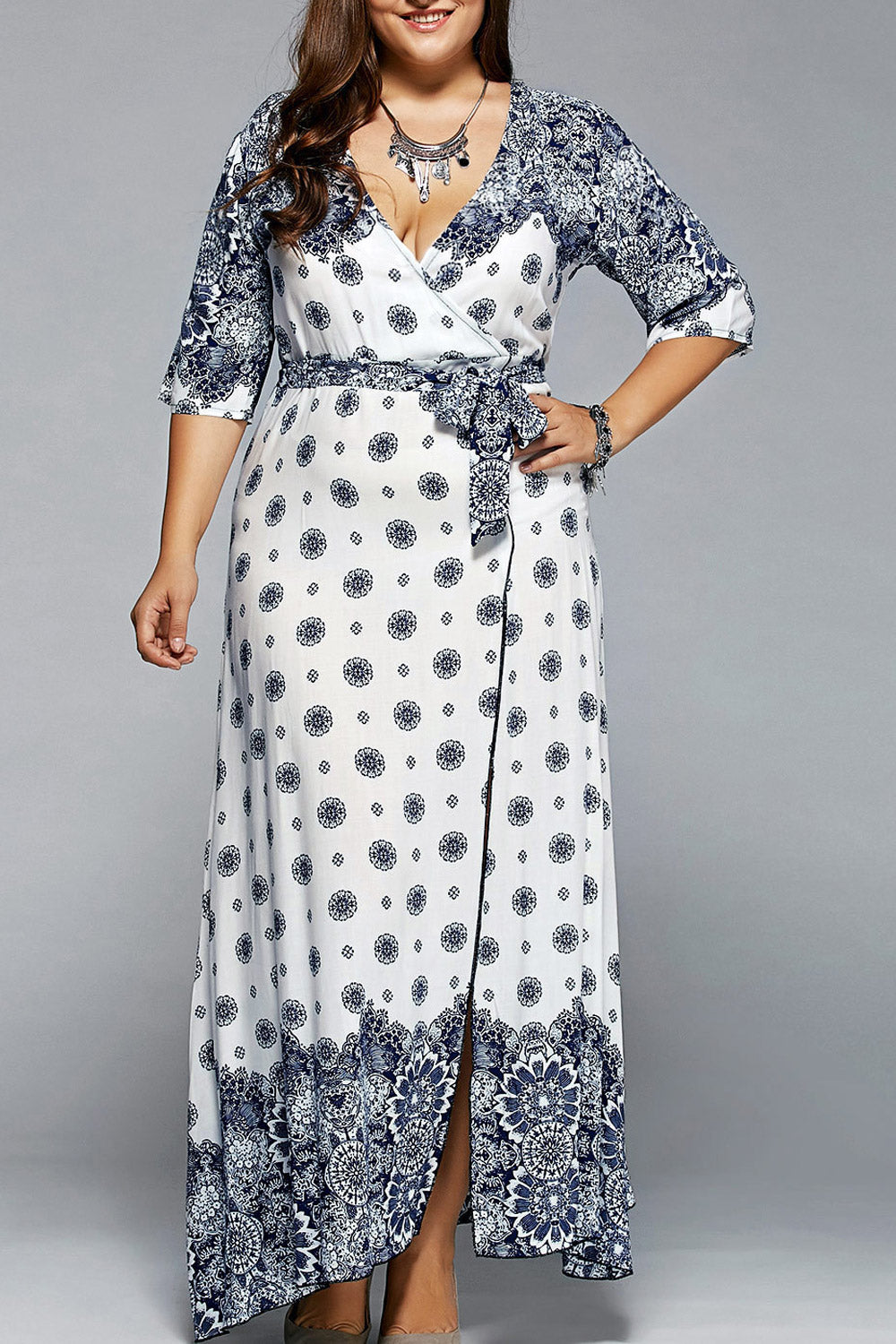 Women Fashionable Printed Pattern Elbow Sleeve Loose Deep V-Neck Fancy Dress