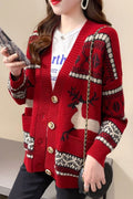 Women Classy Printed Pattern Long Sleeve Easy V-Neck Flap Pockets Front Open Winter Cardigan