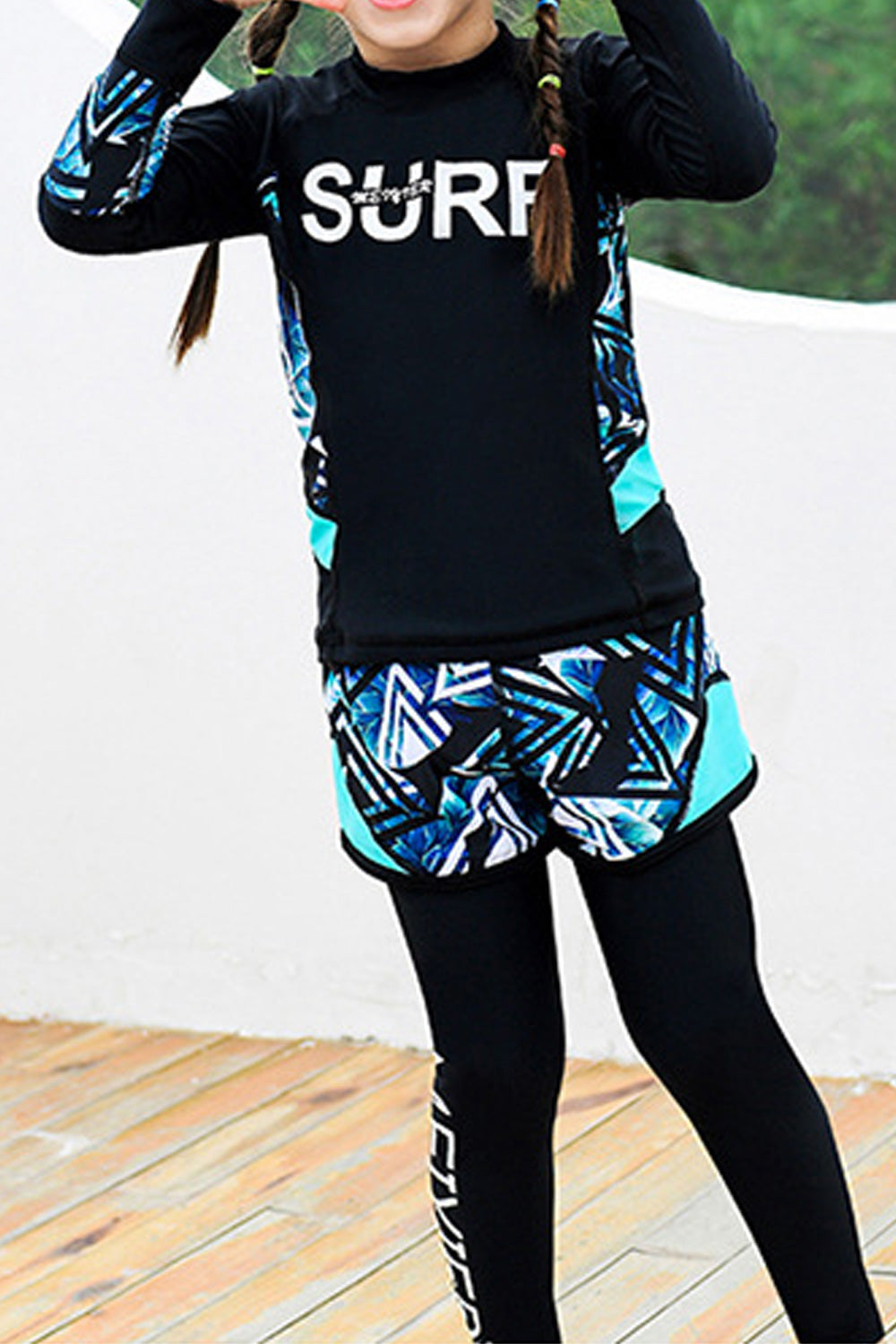 Kids Girls Elastic Waist Long Sleeve Convenient Round Neck Swimsuit