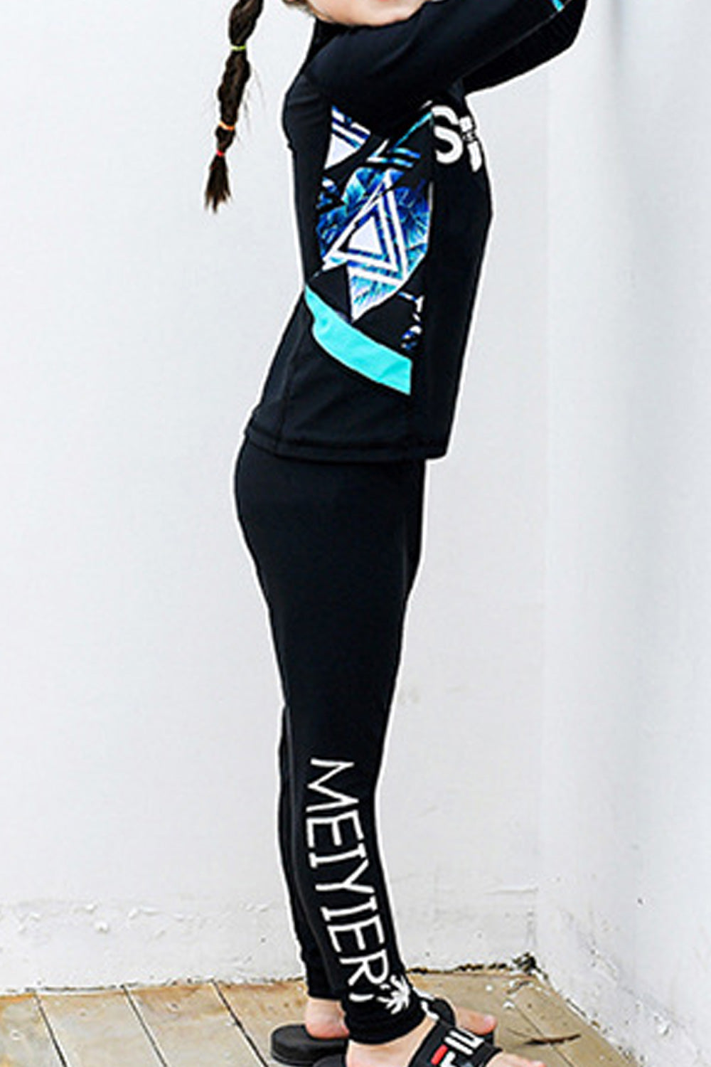 Kids Girls Elastic Waist Long Sleeve Convenient Round Neck Swimsuit